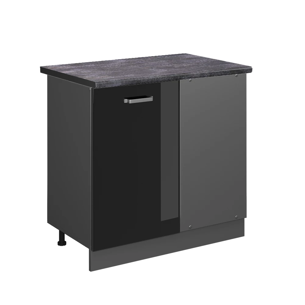 Eckunterschrank in Schwarz Hochglanz auf weißem Hintergrund