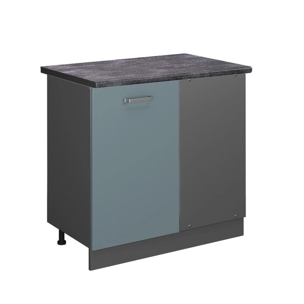 Eckunterschrank in Blau-Grau auf weißem Hintergrund