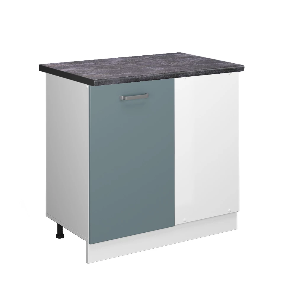 Eckunterschrank in Blau-Grau auf weißem Hintergrund