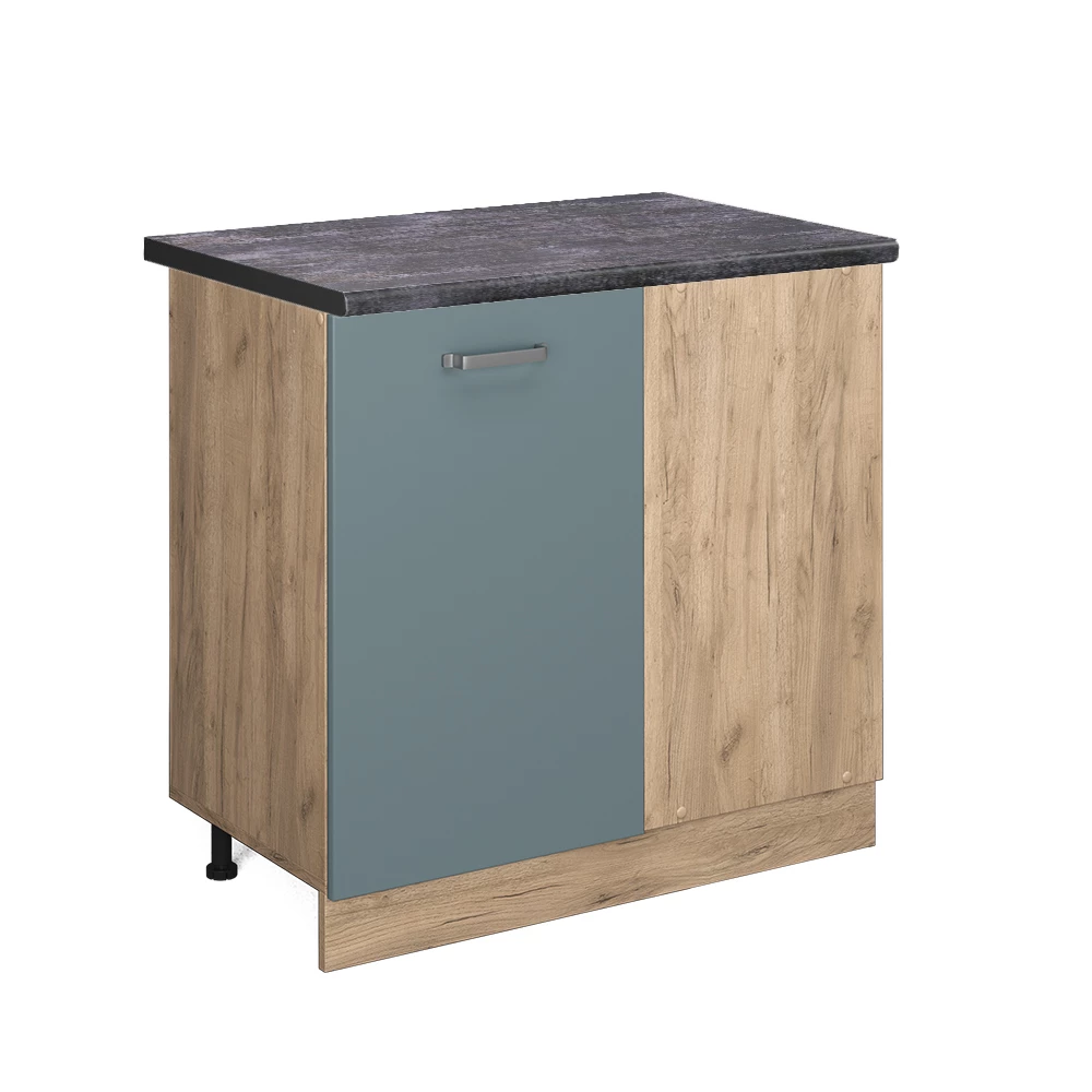 Eckunterschrank in Blau-Grau auf weißem Hintergrund