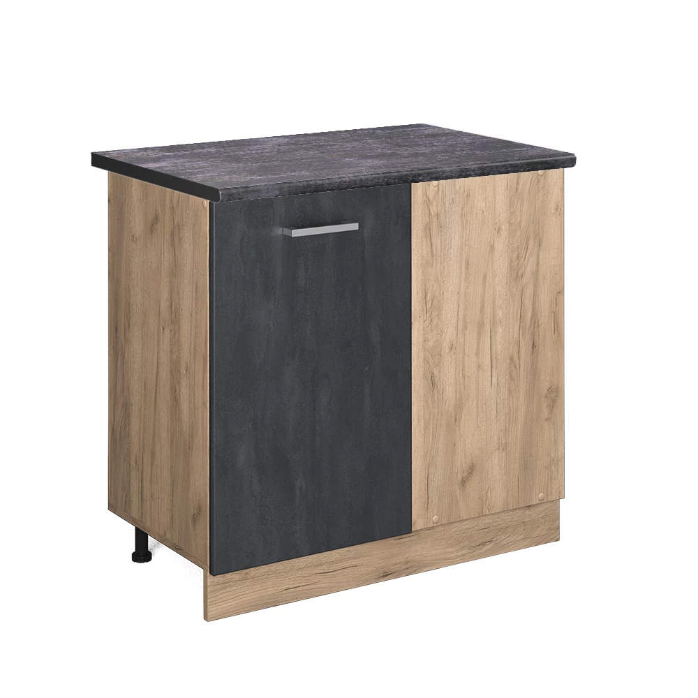 Eckunterschrank in Schwarz Beton auf weißem Hintergrund
