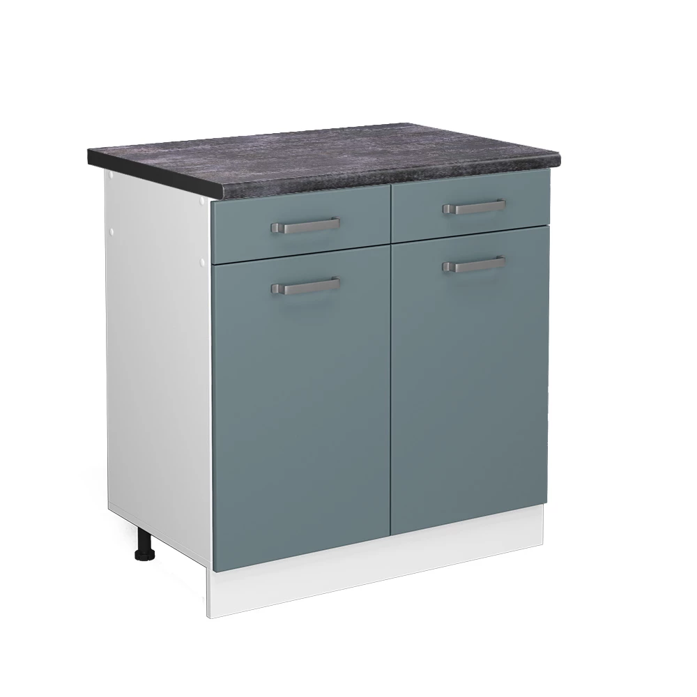 Küchenunterschrank in Blau-Grau auf weißem Hintergrund