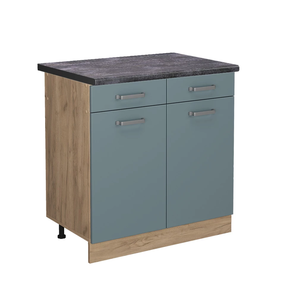 Küchenunterschrank in Blau-Grau auf weißem Hintergrund