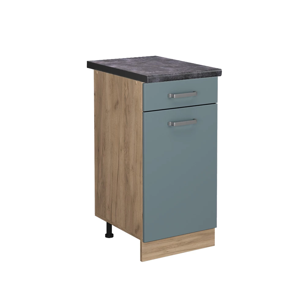 Küchenunterschrank in Blau-Grau auf weißem Hintergrund