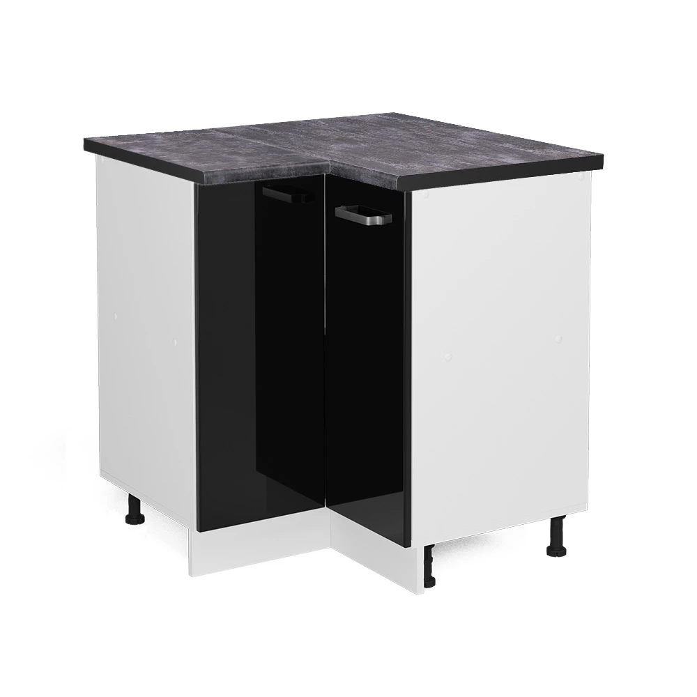 Eckunterschrank in Schwarz Hochglanz auf weißem Hintergrund