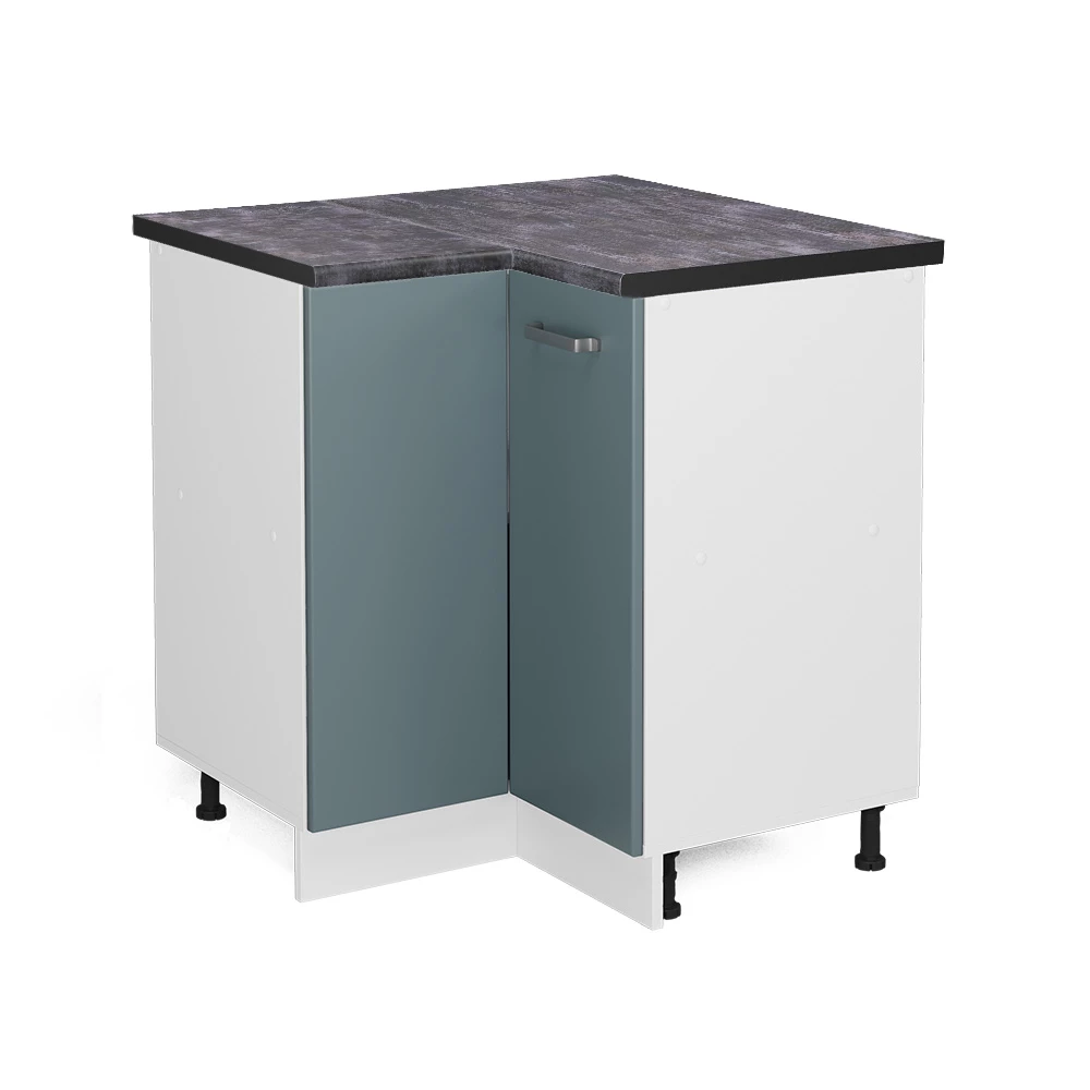 Eckunterschrank in Blau-Grau auf weißem Hintergrund