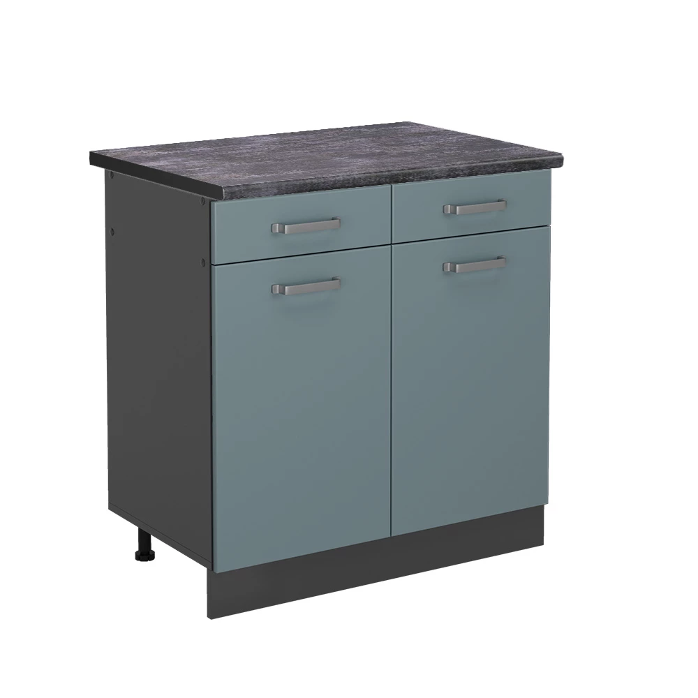 Küchenunterschrank in Blau-Grau auf weißem Hintergrund