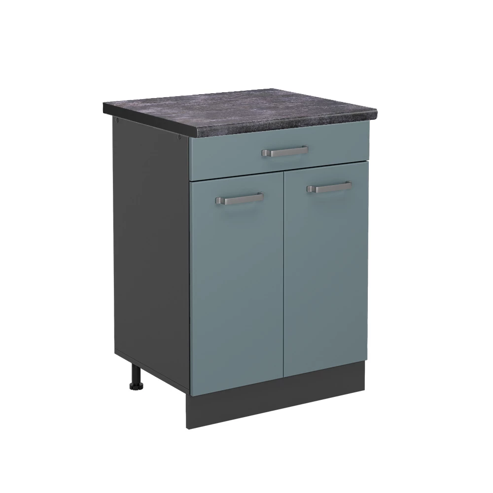 Küchenunterschrank in Blau-Grau auf weißem Hintergrund