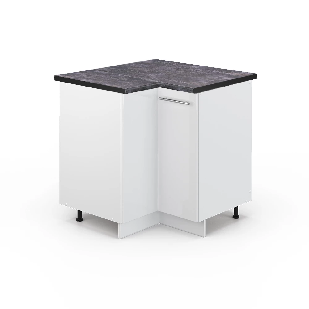 Nahaufnahme von Eckunterschrank in Weiß Hochglanz, zeigt Design- und Oberflächendetails