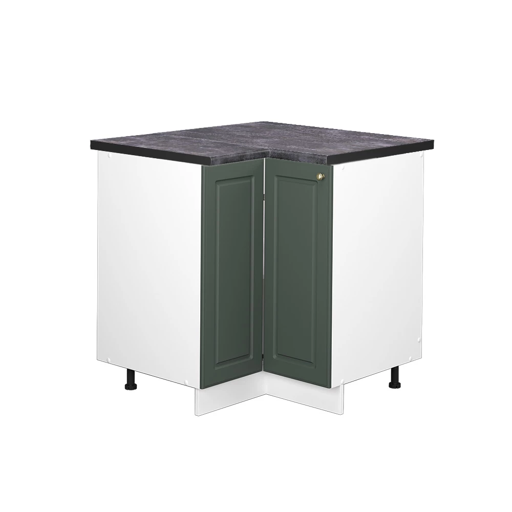 Nahaufnahme von Eckunterschrank in Grün-Gold Landhaus, zeigt Design- und Oberflächendetails