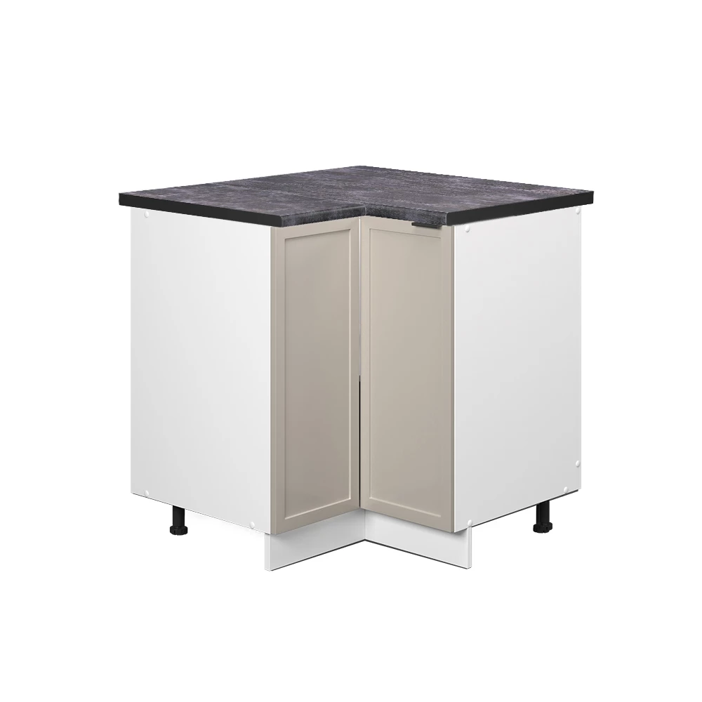 Eckunterschrank in GrauBeige auf weißem Hintergrund