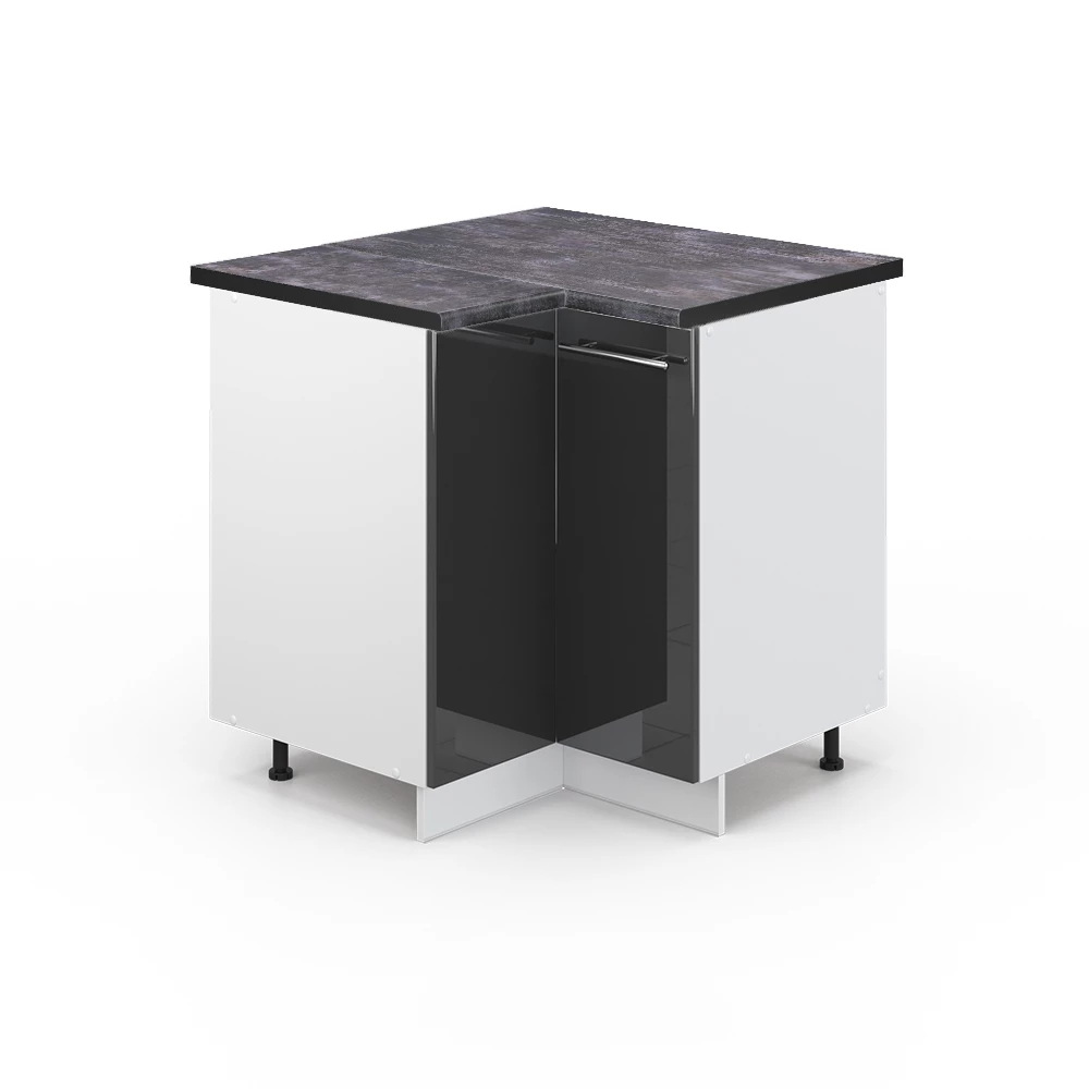 Nahaufnahme von Eckunterschrank in Anthrazit Hochglanz, zeigt Design- und Oberflächendetails