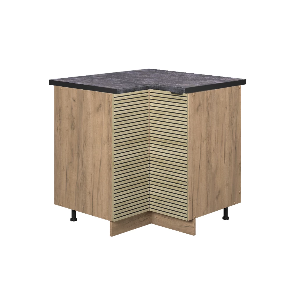 Eckunterschrank  in Eiche Paneel auf weißem Hintergrund