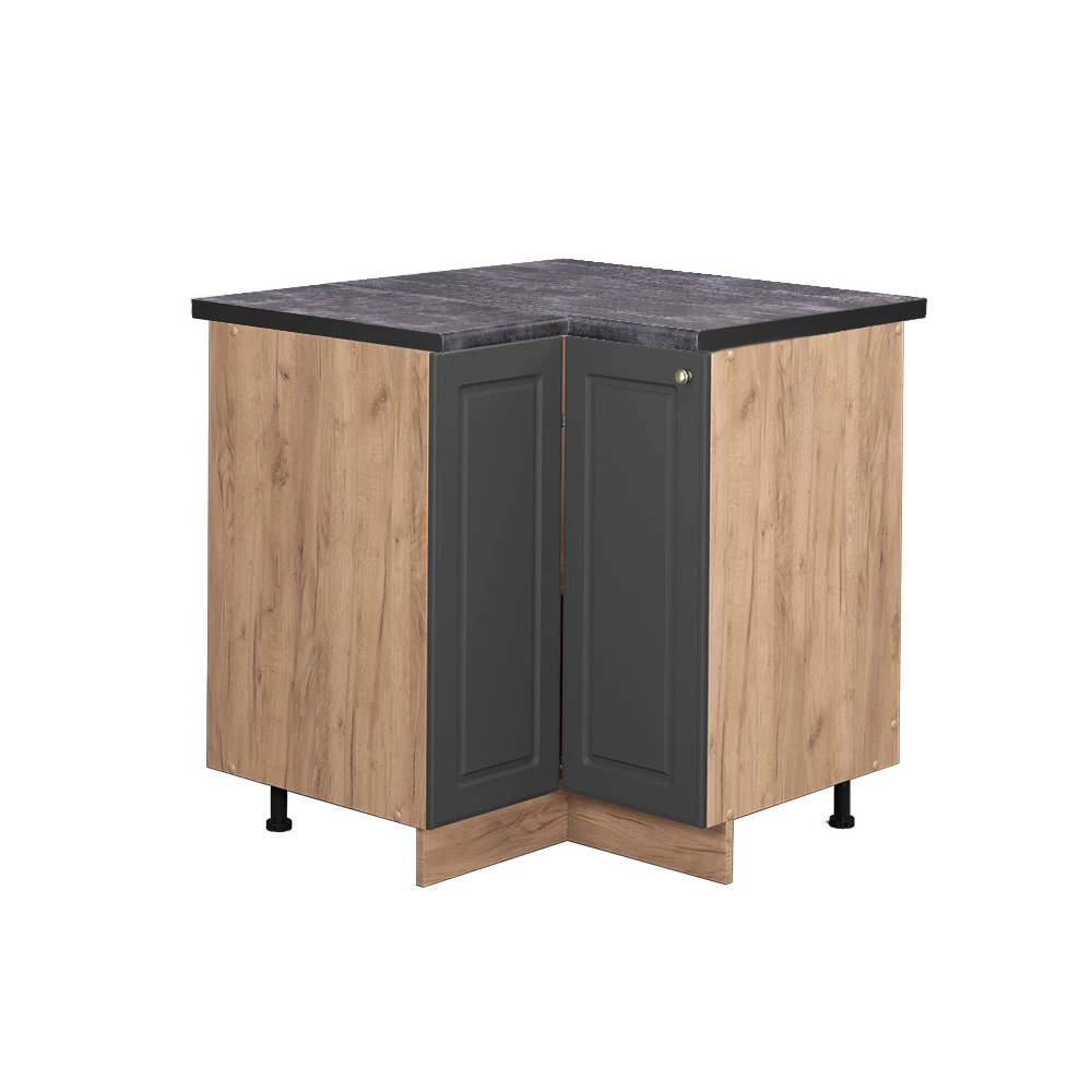 Eckunterschrank in Anthrazit-Gold auf weißem Hintergrund