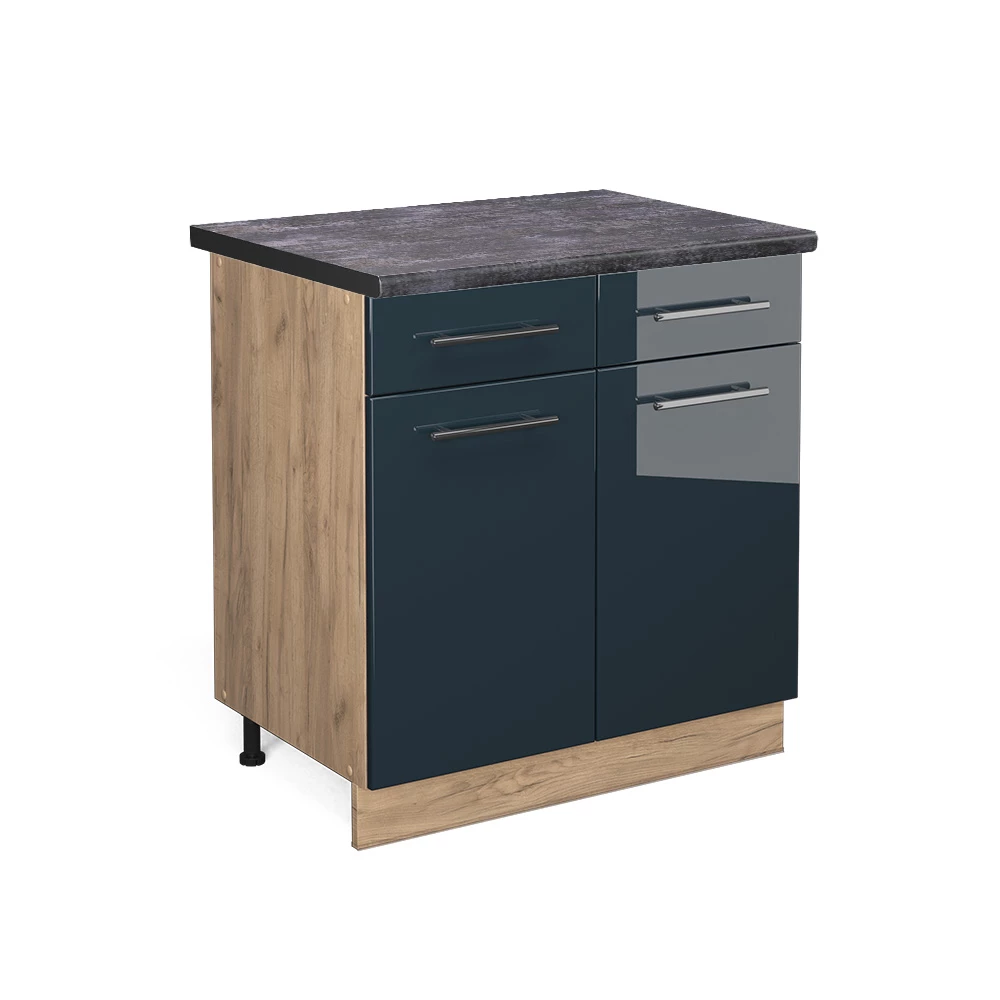 Küchenunterschrank in Dunkelblau Hochglanz auf weißem Hintergrund