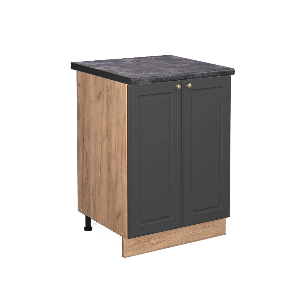 Nahaufnahme von Küchenunterschrank in Anthrazit-Gold, zeigt Design- und Oberflächendetails