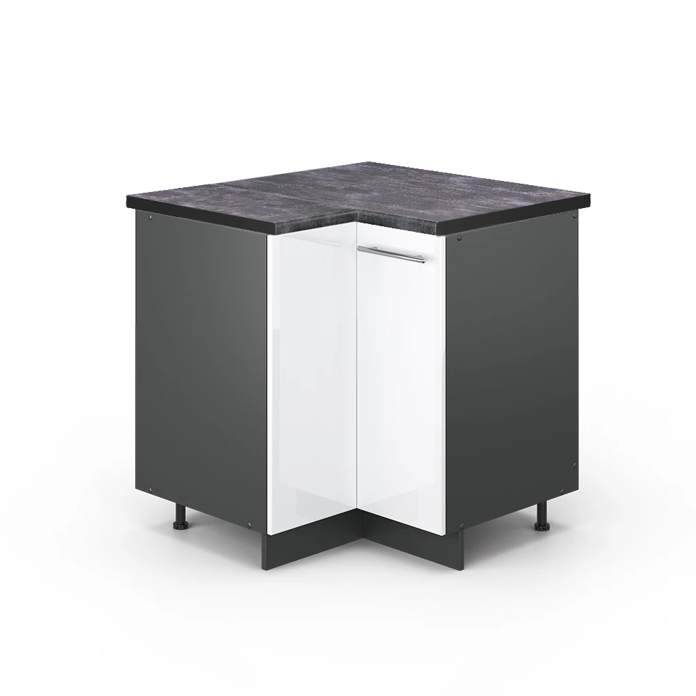 Eckunterschrank in Weiß Hochglanz auf weißem Hintergrund