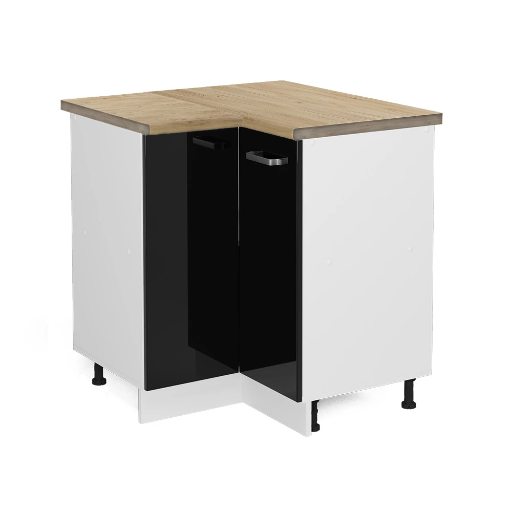Eckunterschrank in Schwarz Hochglanz auf weißem Hintergrund