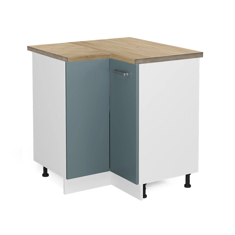 Eckunterschrank in Blau-Grau auf weißem Hintergrund