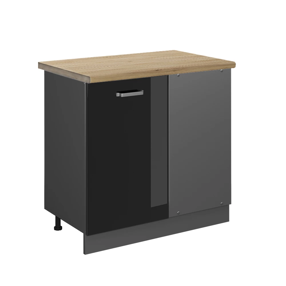 Eckunterschrank in Schwarz Hochglanz auf weißem Hintergrund