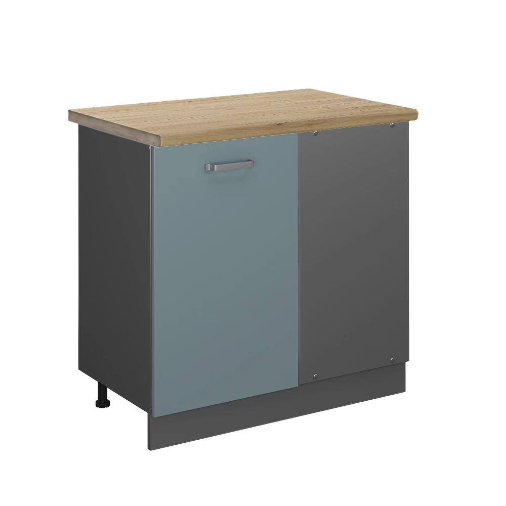 Eckunterschrank in Blau-Grau auf weißem Hintergrund