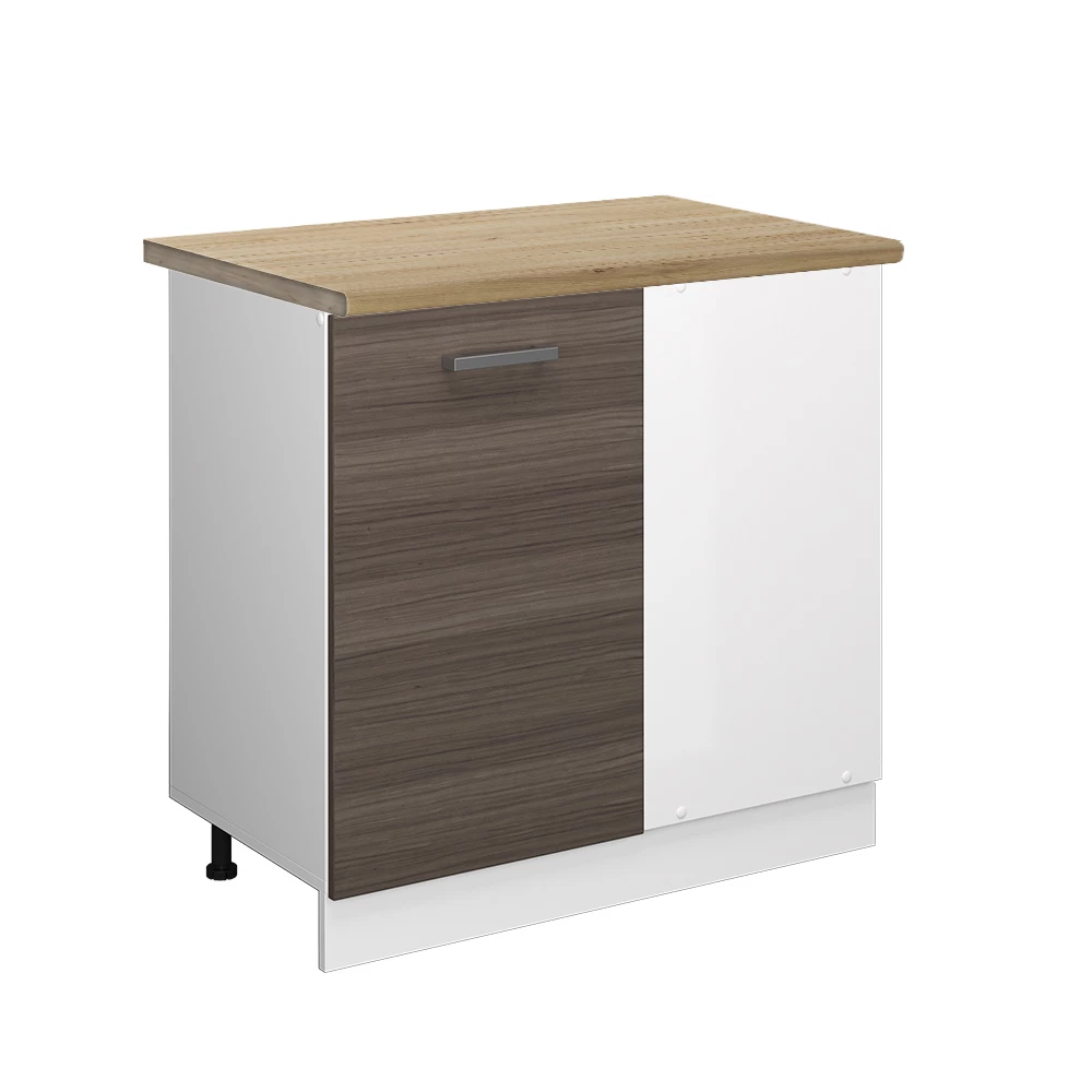 Eckunterschrank in Edelgrau auf weißem Hintergrund