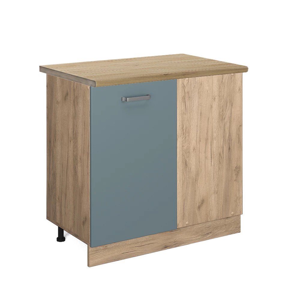 Eckunterschrank in Blau-Grau auf weißem Hintergrund