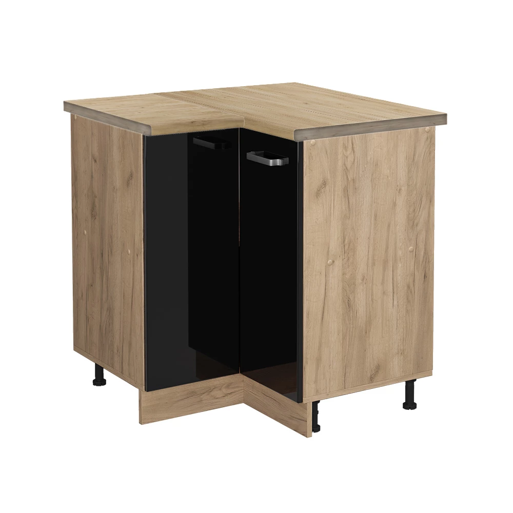 Eckunterschrank in Schwarz Hochglanz auf weißem Hintergrund