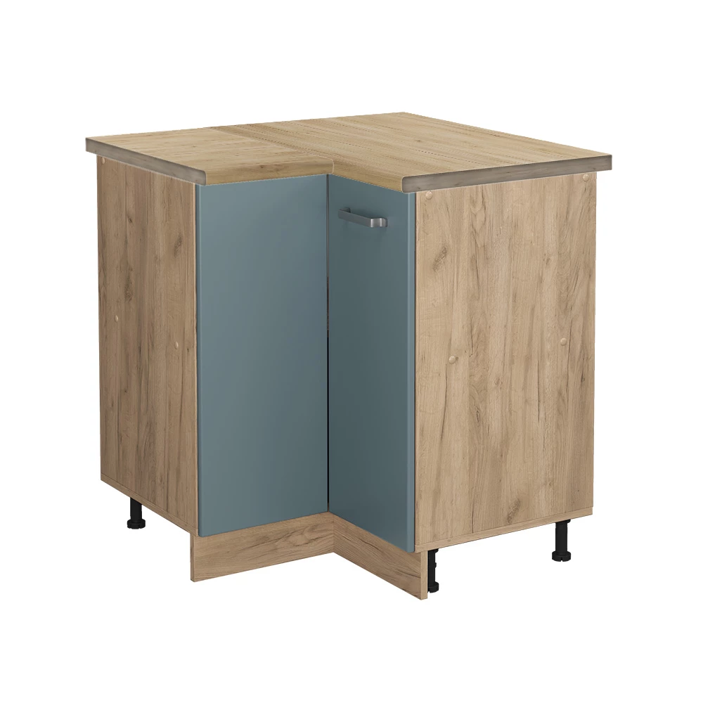 Eckunterschrank in Blau-Grau auf weißem Hintergrund