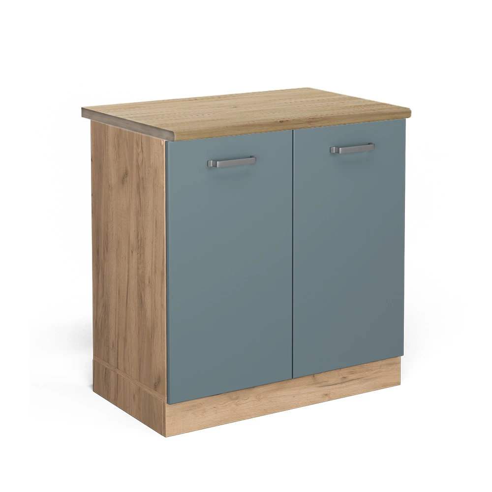 Spülenunterschrank in Blau-Grau auf weißem Hintergrund