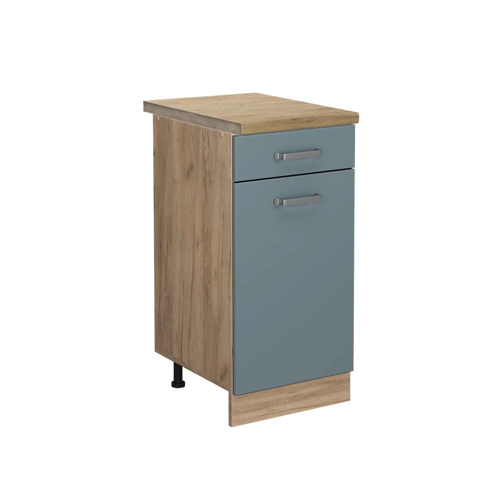 Küchenunterschrank in Blau-Grau auf weißem Hintergrund