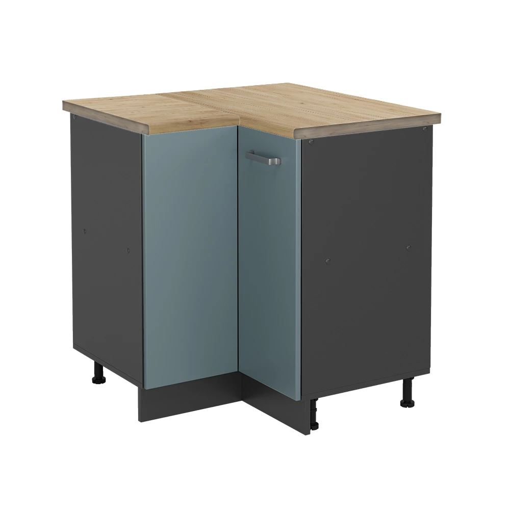 Eckunterschrank in Blau-Grau auf weißem Hintergrund