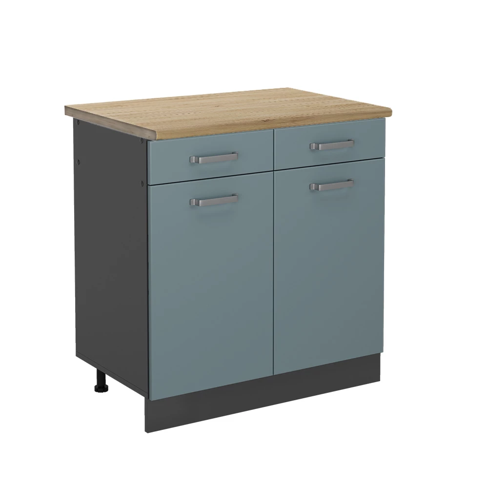 Küchenunterschrank in Blau-Grau auf weißem Hintergrund