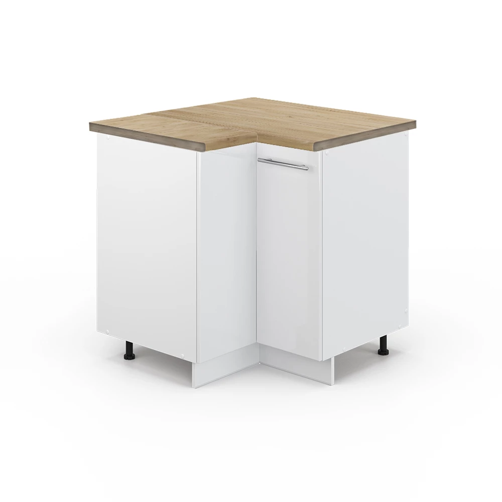 Nahaufnahme von Eckunterschrank in Weiß Hochglanz, zeigt Design- und Oberflächendetails