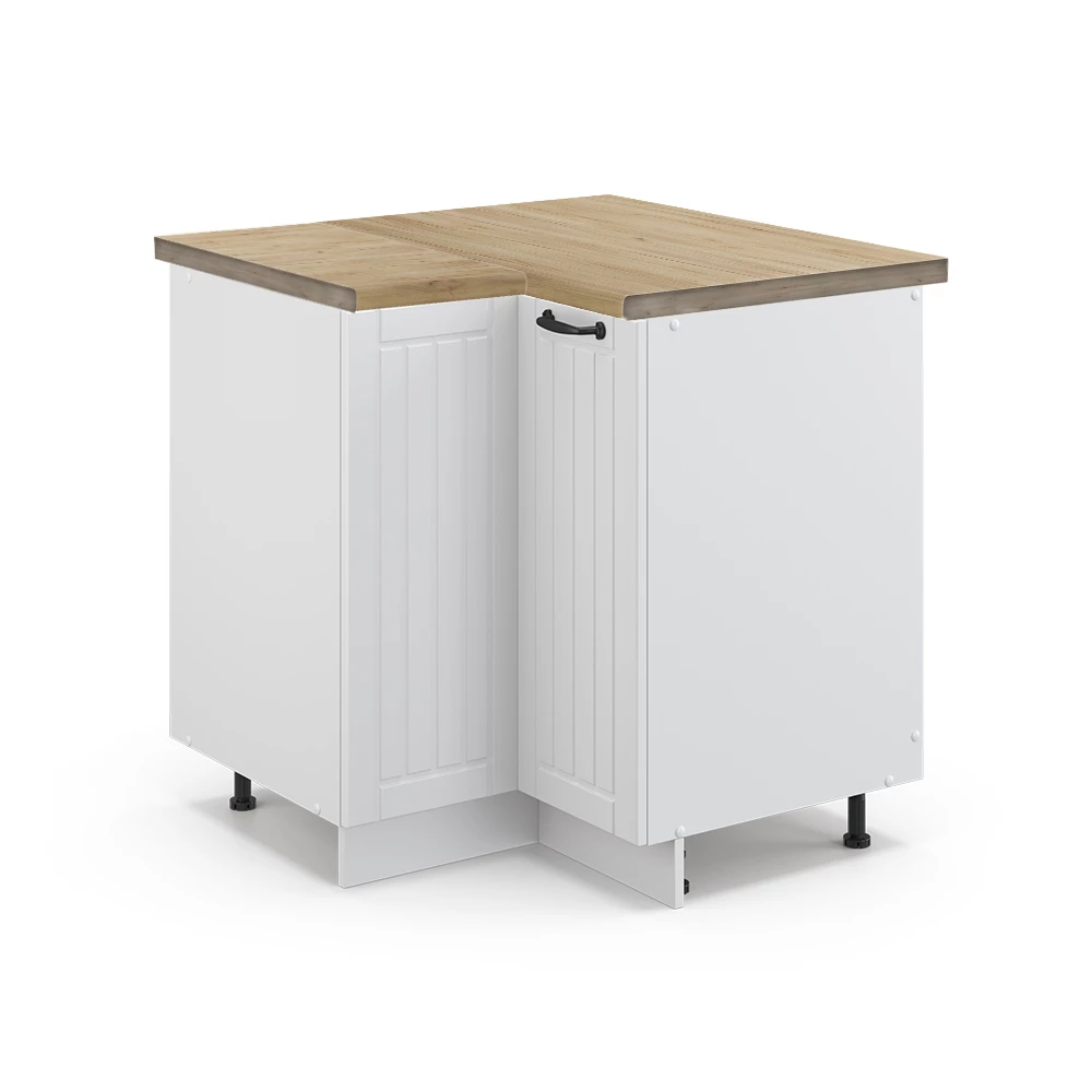 Nahaufnahme von Eckunterschrank in Weiß Landhaus, zeigt Design- und Oberflächendetails