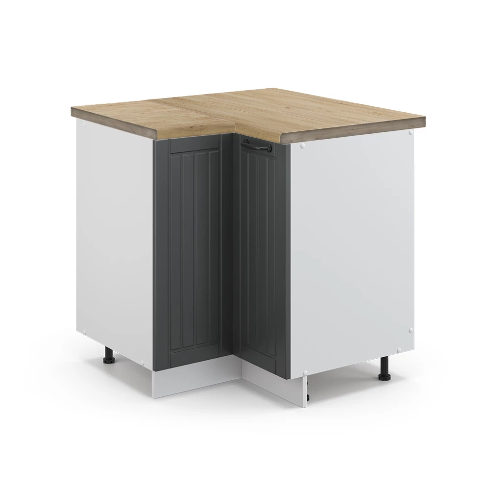 Nahaufnahme von Eckunterschrank in Anthrazit Landhaus, zeigt Design- und Oberflächendetails