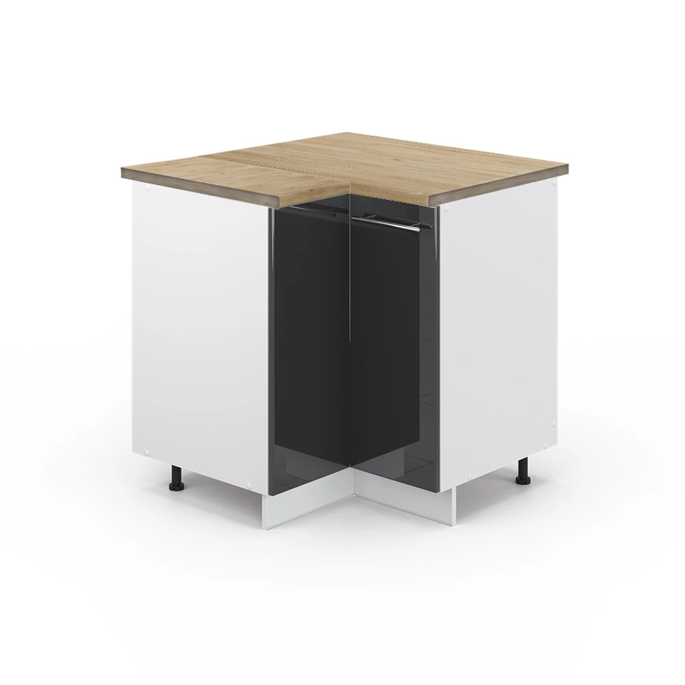 Nahaufnahme von Eckunterschrank in Anthrazit Hochglanz, zeigt Design- und Oberflächendetails