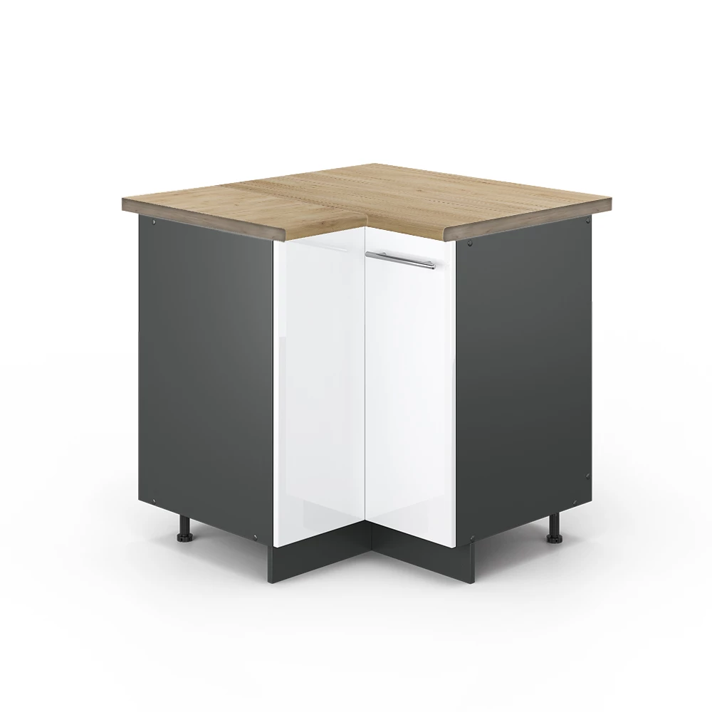 Nahaufnahme von Eckunterschrank in Weiß Hochglanz, zeigt Design- und Oberflächendetails