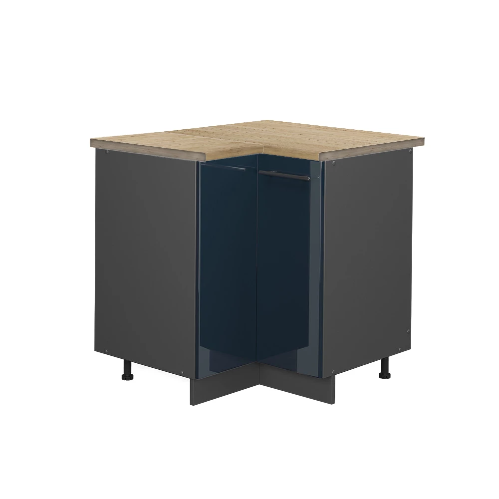 Nahaufnahme von Eckunterschrank in Dunkelblau Hochglanz, zeigt Textur/Details