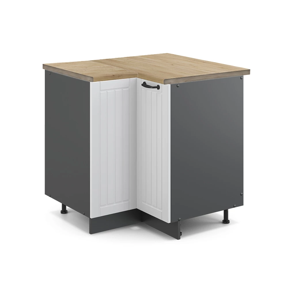 Nahaufnahme von Eckunterschrank in Weiß Landhaus, zeigt Design- und Oberflächendetails