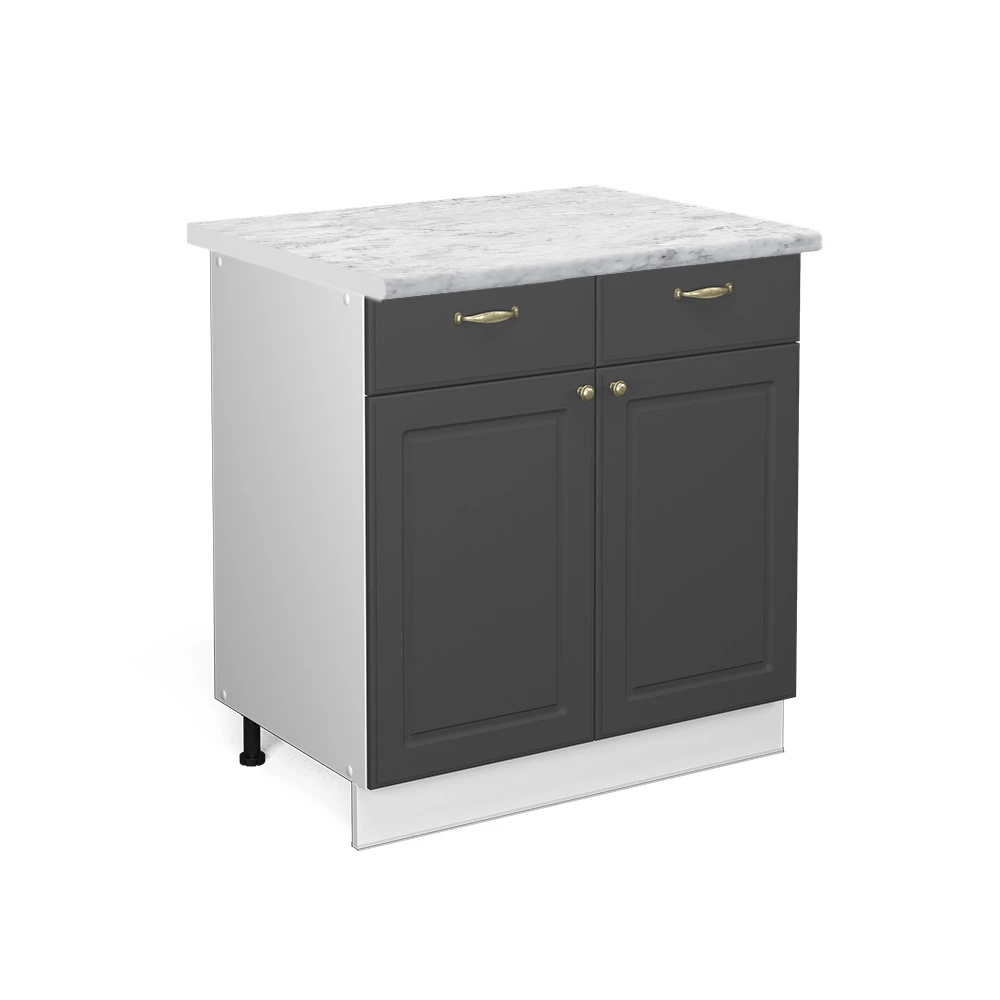Nahaufnahme von Küchenunterschrank in Anthrazit-Gold, zeigt Design- und Oberflächendetails