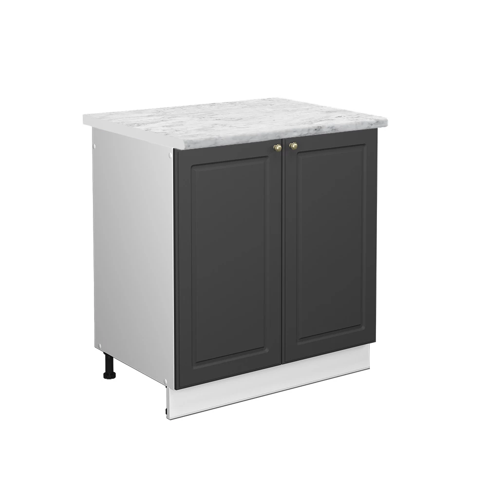 Nahaufnahme von Spülenunterschrank in Anthrazit-Gold, zeigt Design- und Oberflächendetails