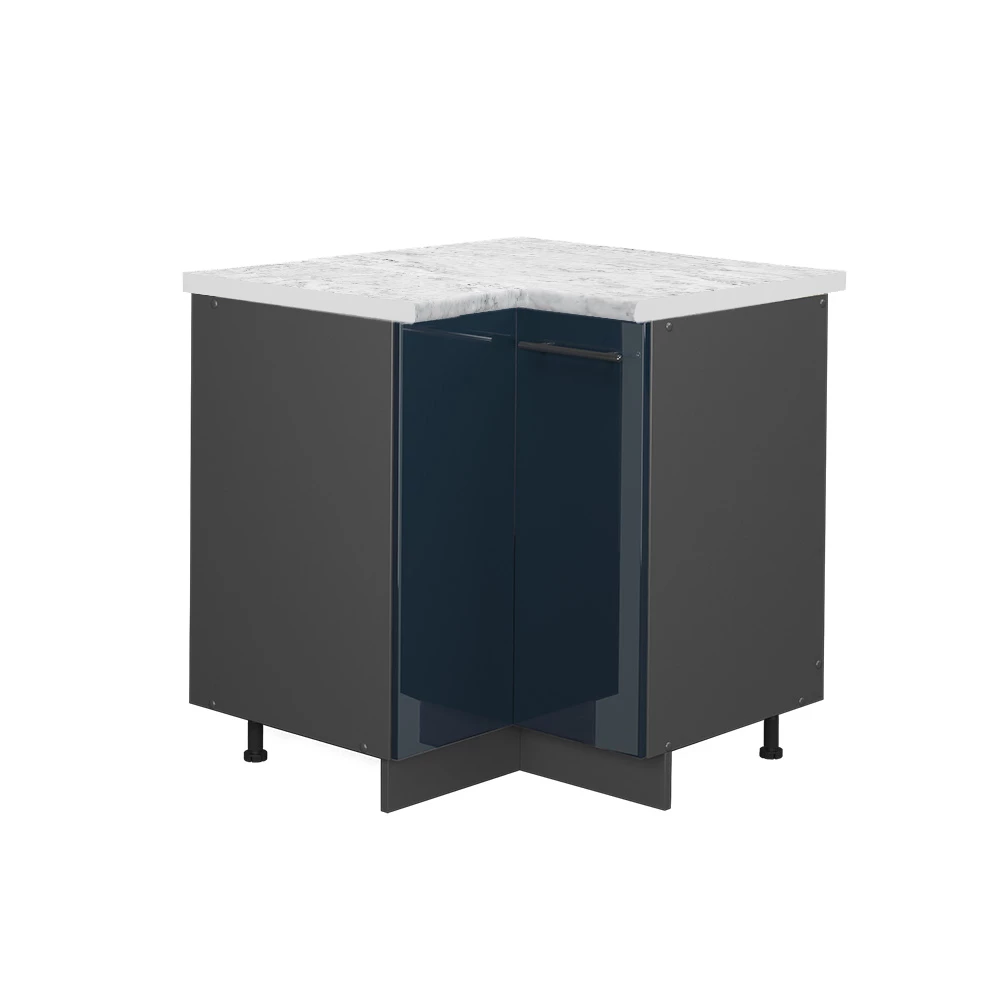 Eckunterschrank in Dunkelblau Hochglanz auf weißem Hintergrund