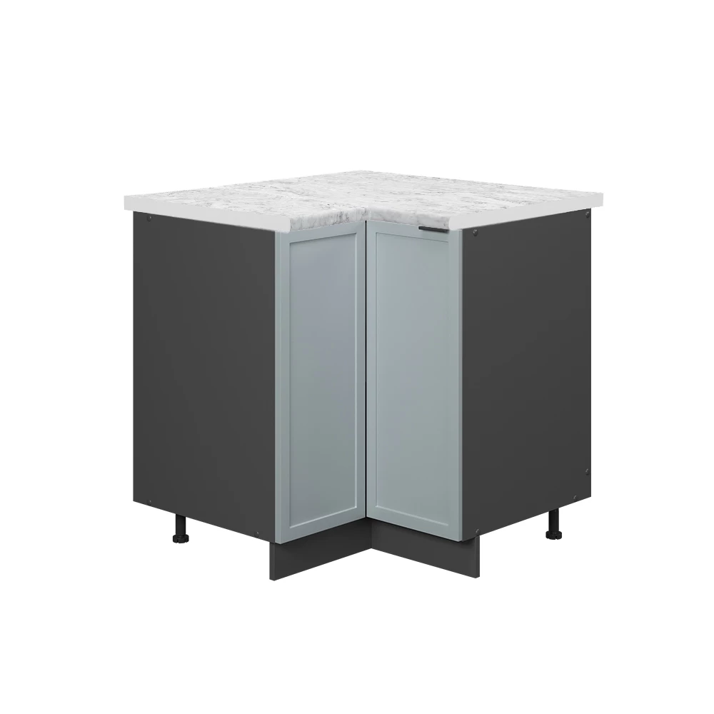 Eckunterschrank in Hellblau-grau auf weißem Hintergrund