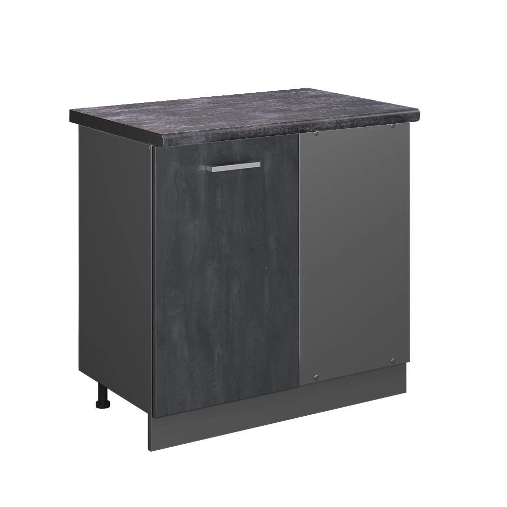 Eckunterschrank in Schwarz Beton auf weißem Hintergrund