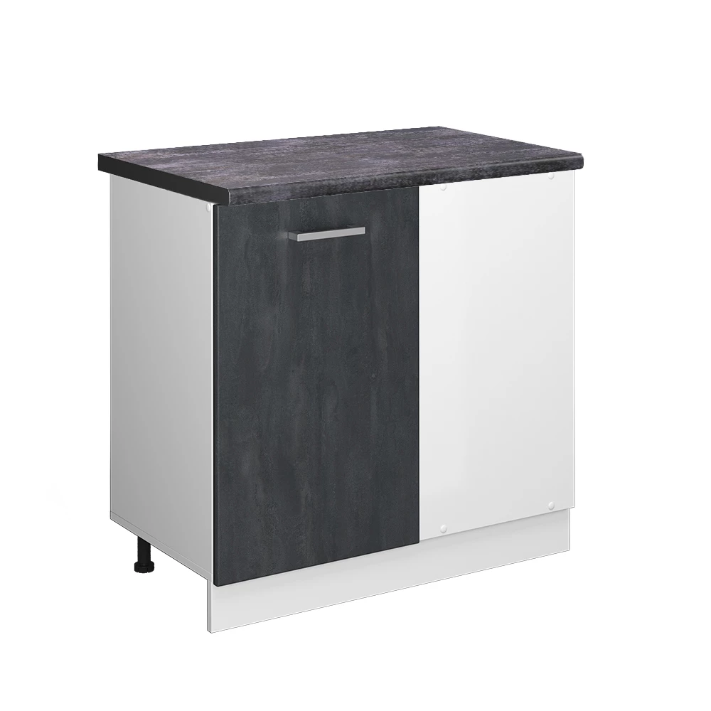 Eckunterschrank in Schwarz Beton auf weißem Hintergrund