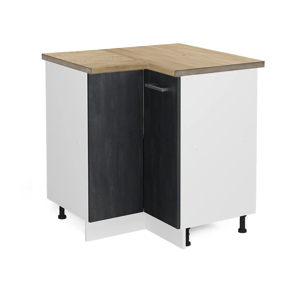Eckunterschrank in Schwarz Beton auf weißem Hintergrund