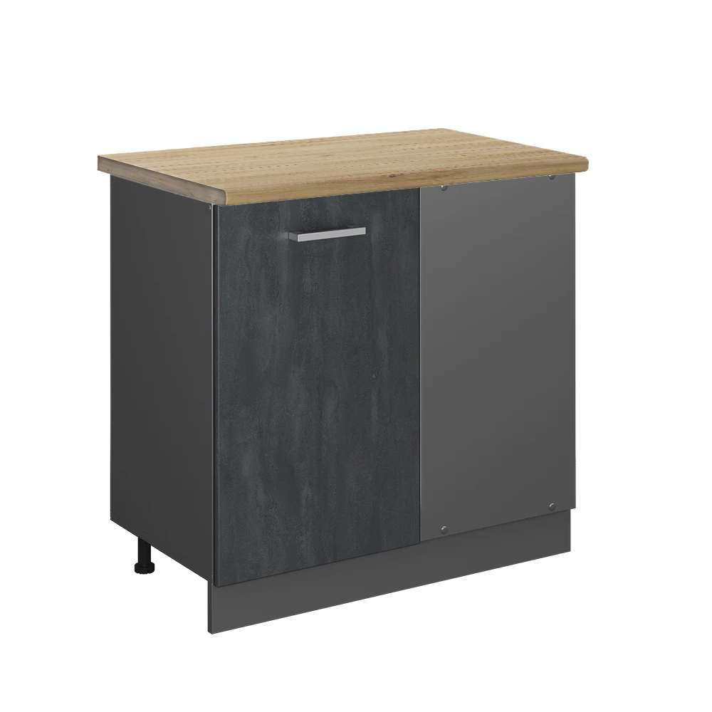 Eckunterschrank in Schwarz Beton auf weißem Hintergrund