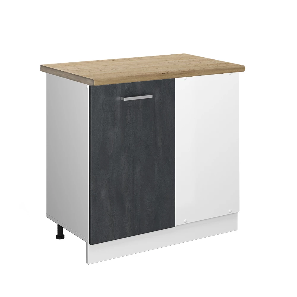 Eckunterschrank in Schwarz Beton auf weißem Hintergrund