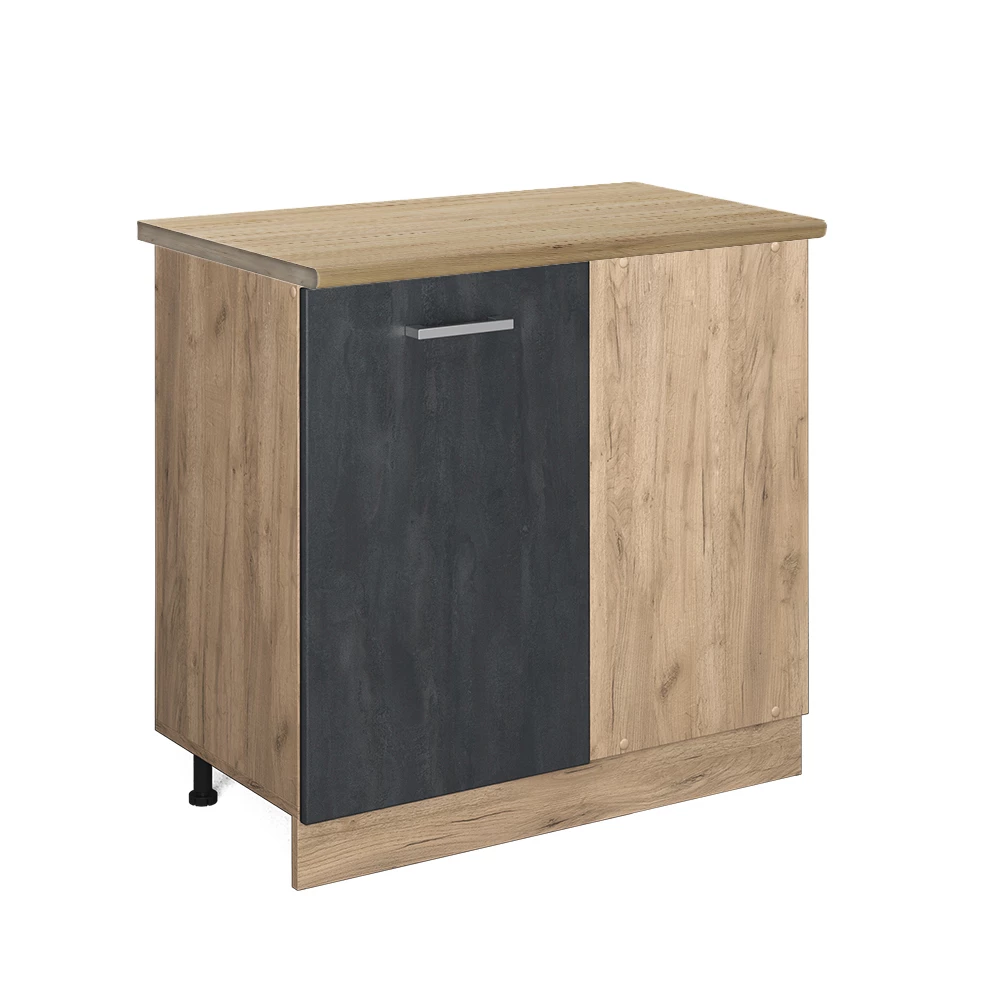 Eckunterschrank in Schwarz Beton auf weißem Hintergrund